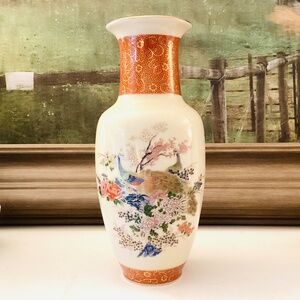Satsuma Japan Vintage Floral Peacock Floral Vase 10” MCM Metallic Detail Stamped